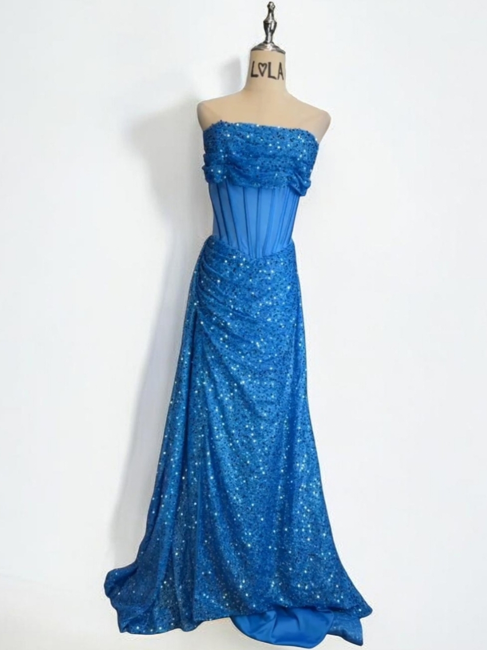 Strapless Sequin Evening Gown - Blue